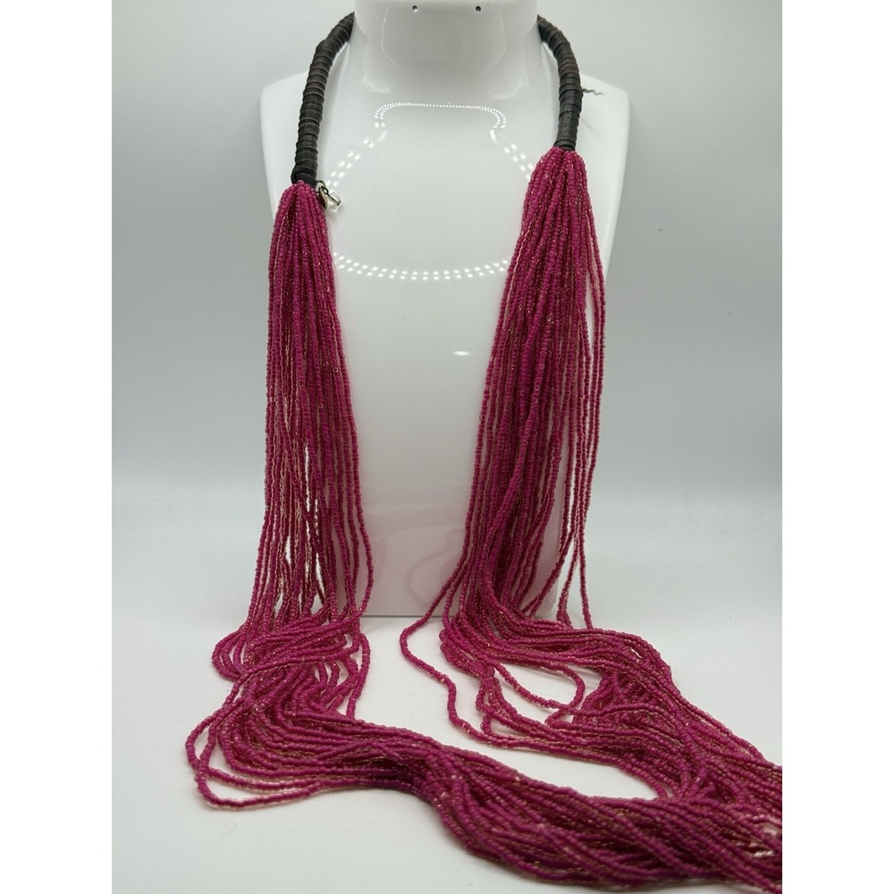 Vintage Fossil Statement Necklace Y2K Hot Pink Seed Bead Wrapped Collar 33"